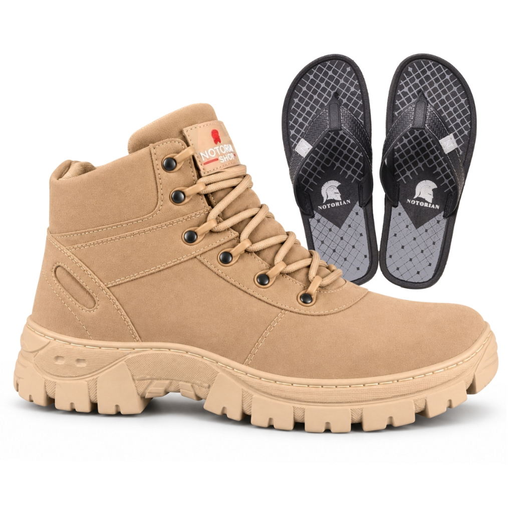 Bota Masculina Estilo Militar Couro Areia Palmilha Confortável + Chinelo Notorian