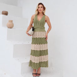 Vestido Max Midi Feminino em Camadas Bicolor Decote V Elegante Tricô Rendado Chic Moderno Premium