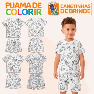 Kit de 2 ou 1 Conjuntos Pijama 100% Algodão Bebê Menino de Colorir +Canetinhas  Pijama Infantil Masculino