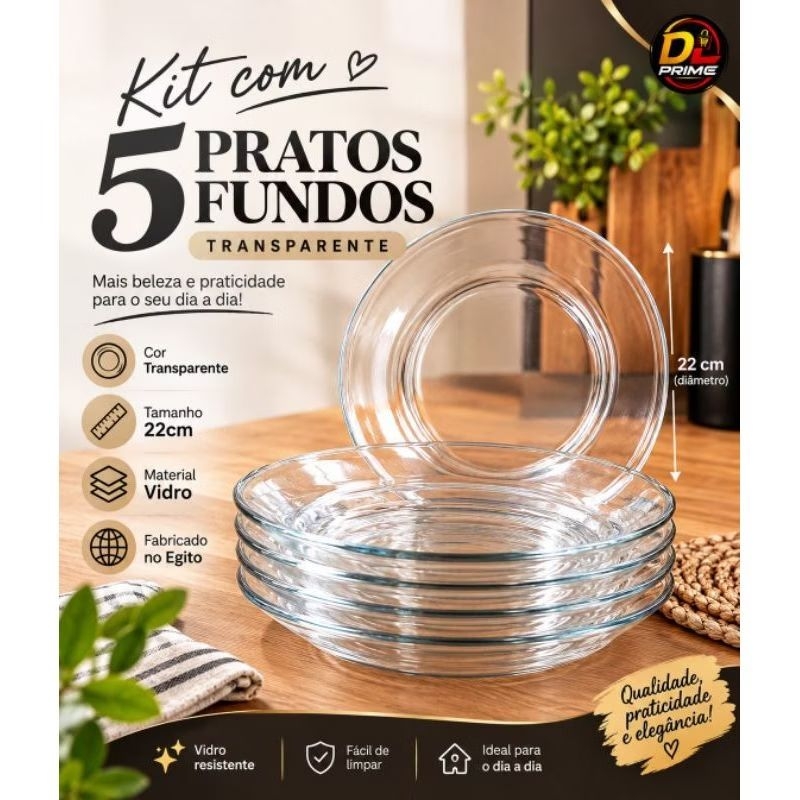 Kit 5 Pratos Fundos de Vidro Liso Transparente 22cm Alta Qualidade Mesa Posta