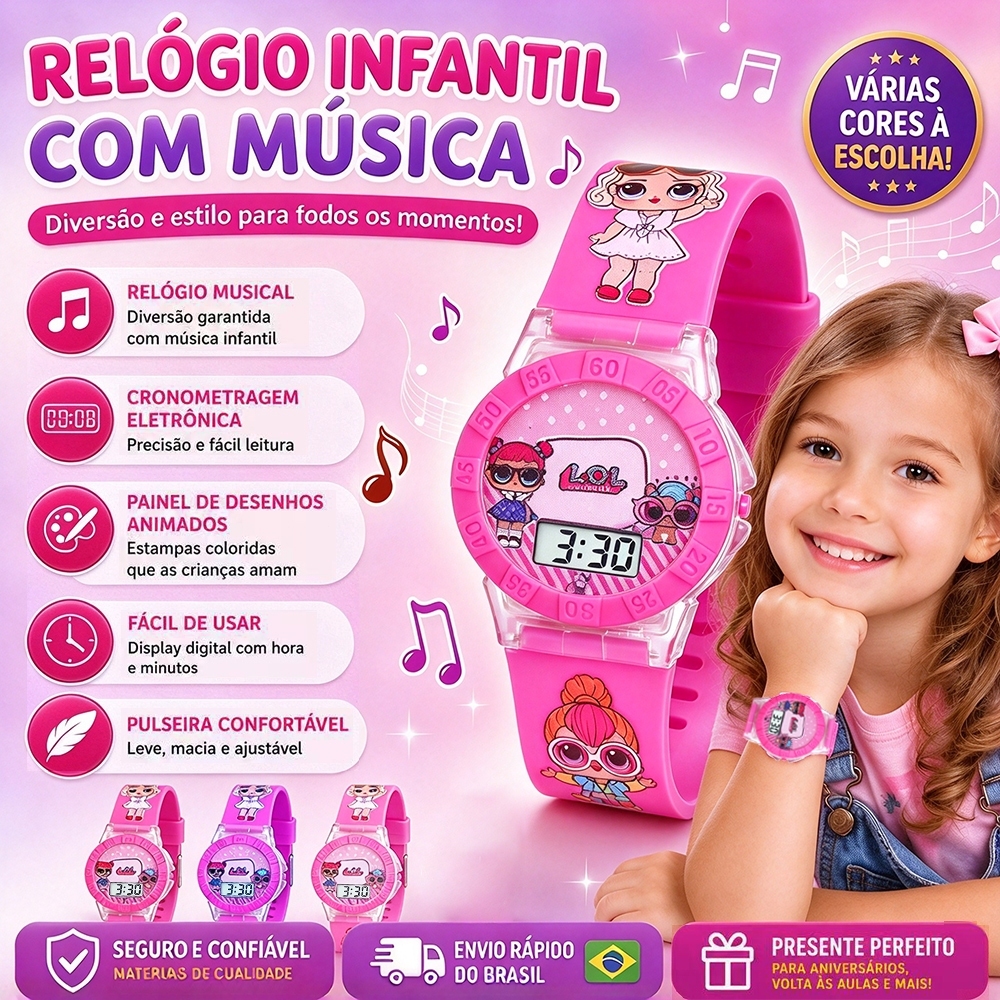 Relógio Infantil Meninino Menina Criança Digital Com Luzes E Música Ideal Para Presentear Crianças