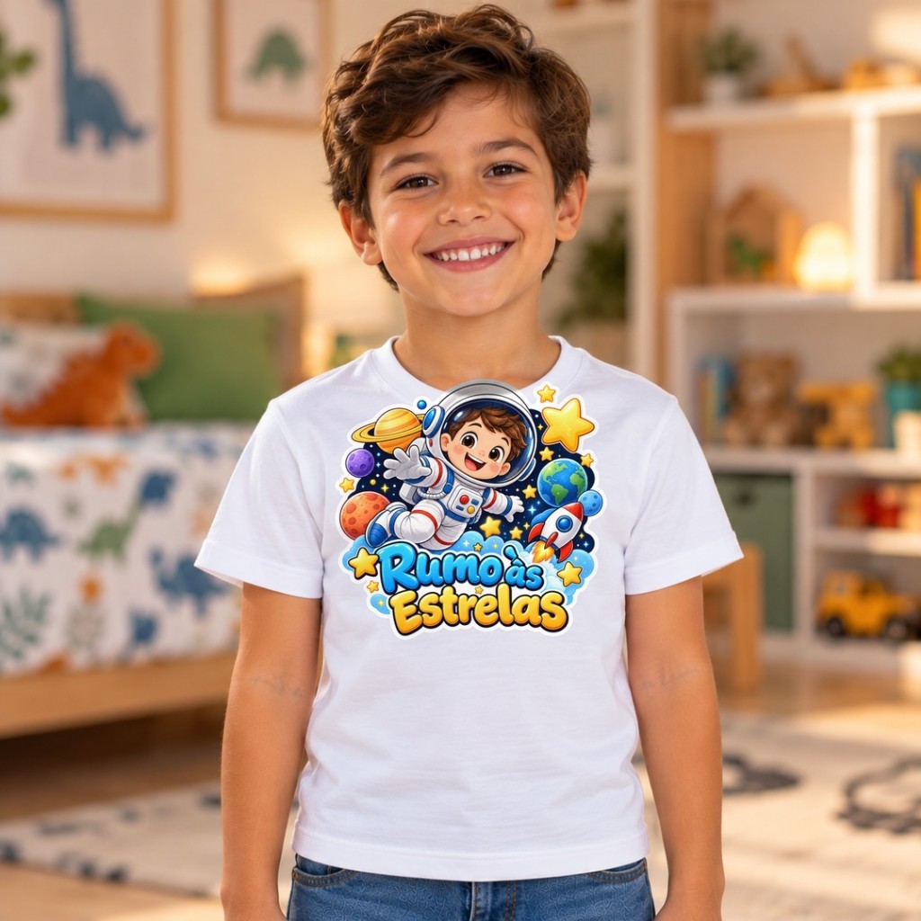 Camiseta Infantil Astronauta Rumo às Estrelas Espaço Planetas Foguete Menino Criança Estampada Algodão 2 a 16 Anos