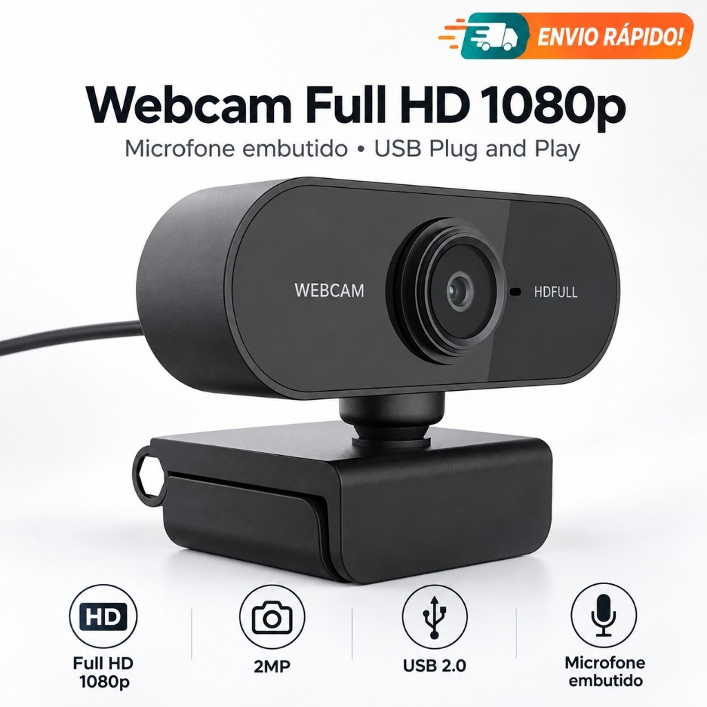 Webcam Full HD 1080p 2MP USB 2.0 Plug and Play com Microfone Embutido