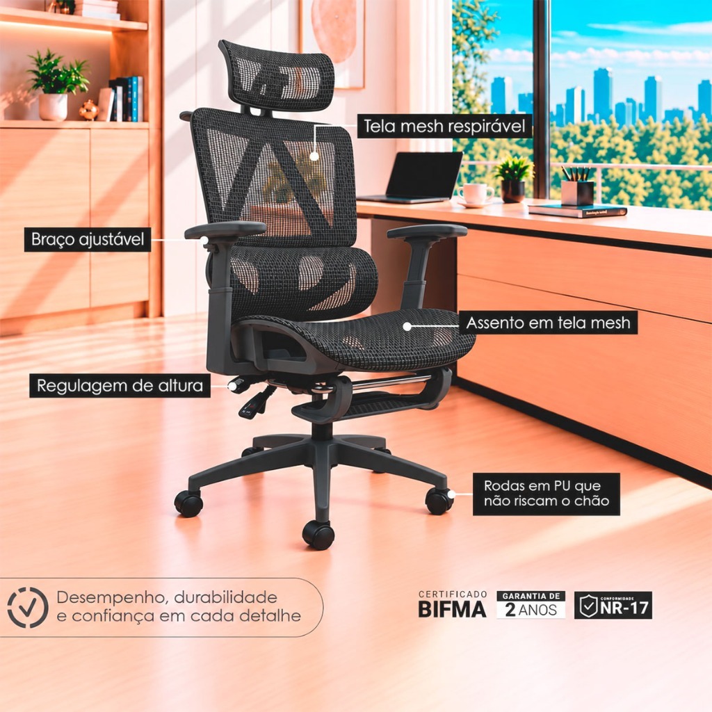 Cadeira Presidente Titan Ergonômica Reclinável Tela Mesh com Apoio para os Pés e Cabeça Preto — imagem 2 de 2
