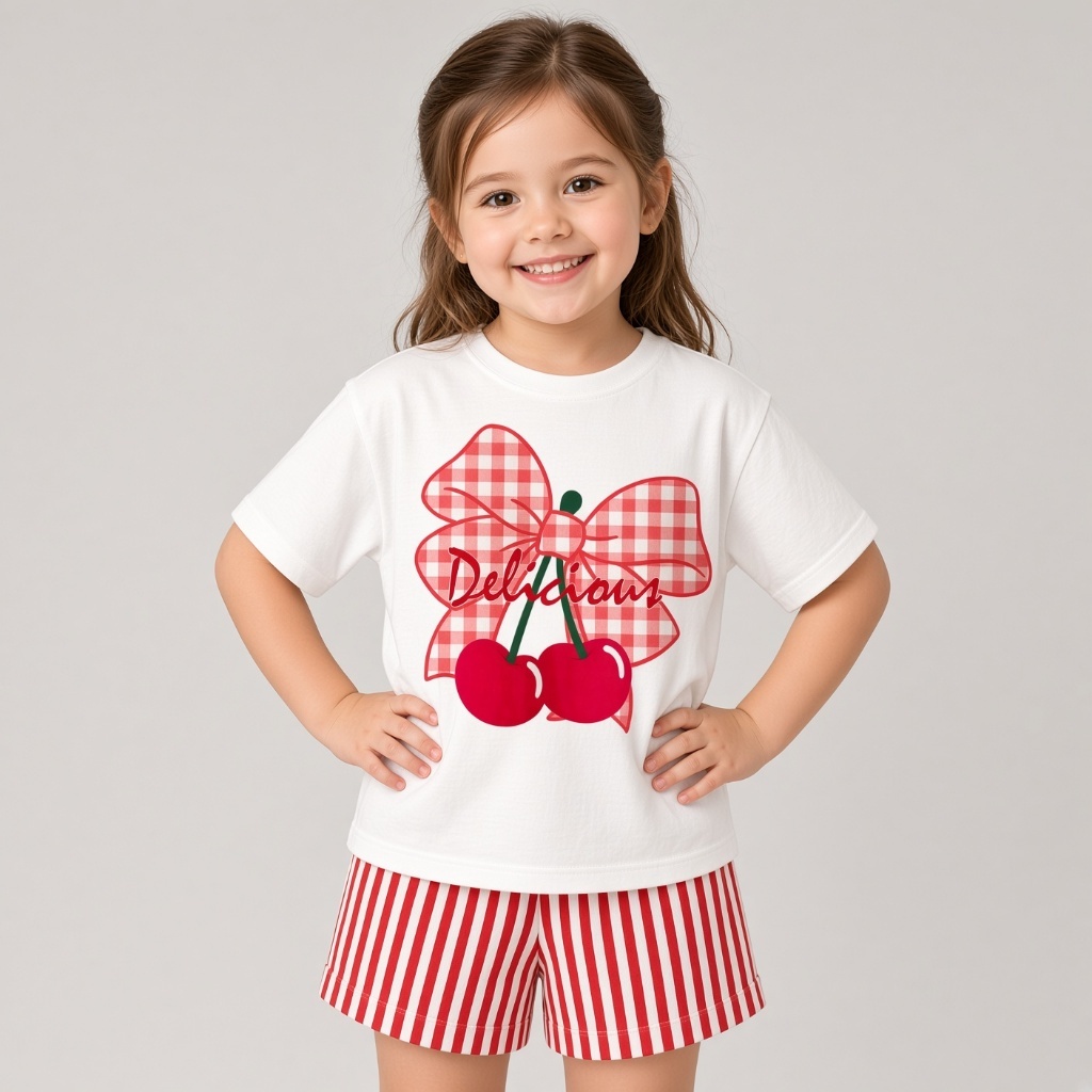 Conjunto Infantil Feminino Casual Básico Shortinho Listrado E Camiseta Estampada Cereja Laço Estiloso Verão Look Confy