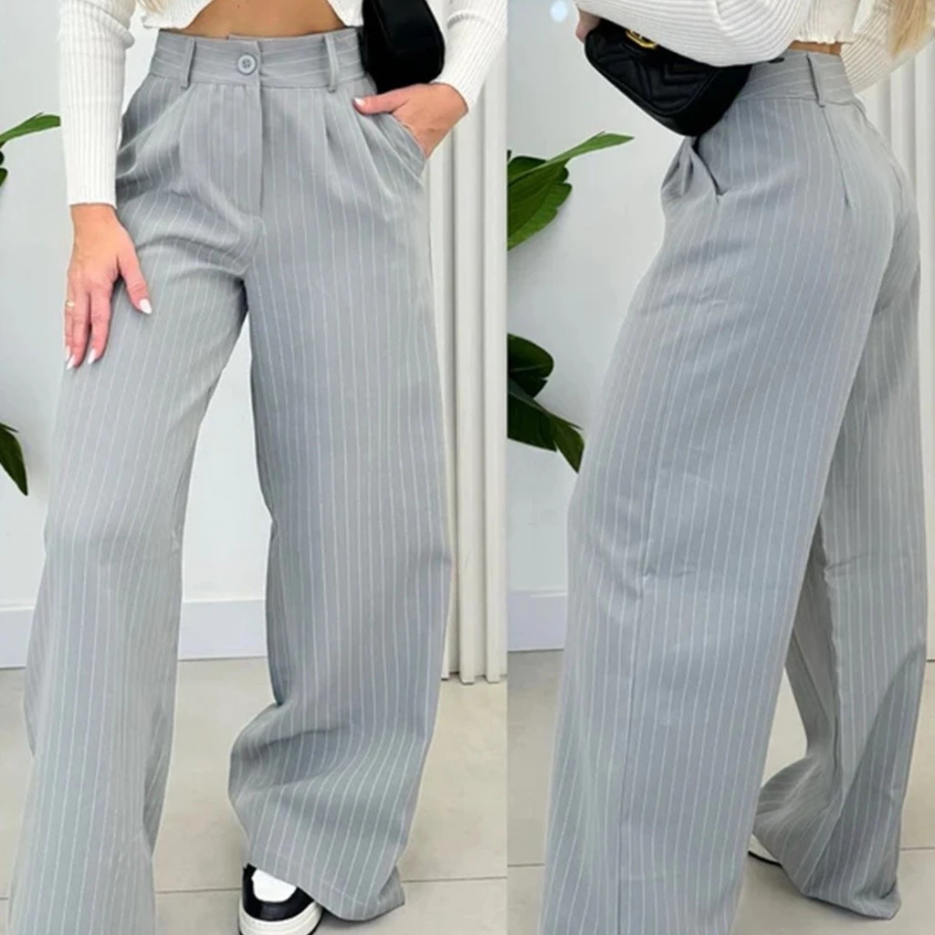 Calça Pantalona Alfaiataria Wide leg Modelo Listrado Risca de Giz