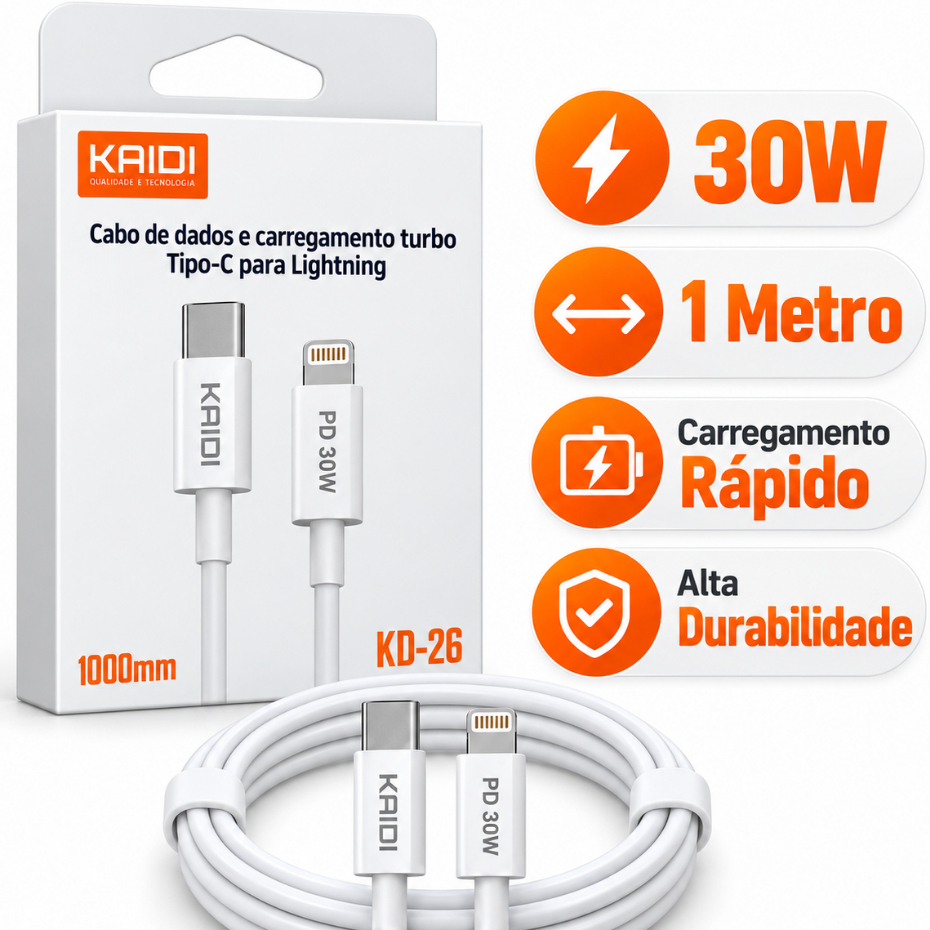 Cabo Carregamento Turbo Kaidi KD27 KD26 USB C Lightning 60W 30W Compatível com iPhone