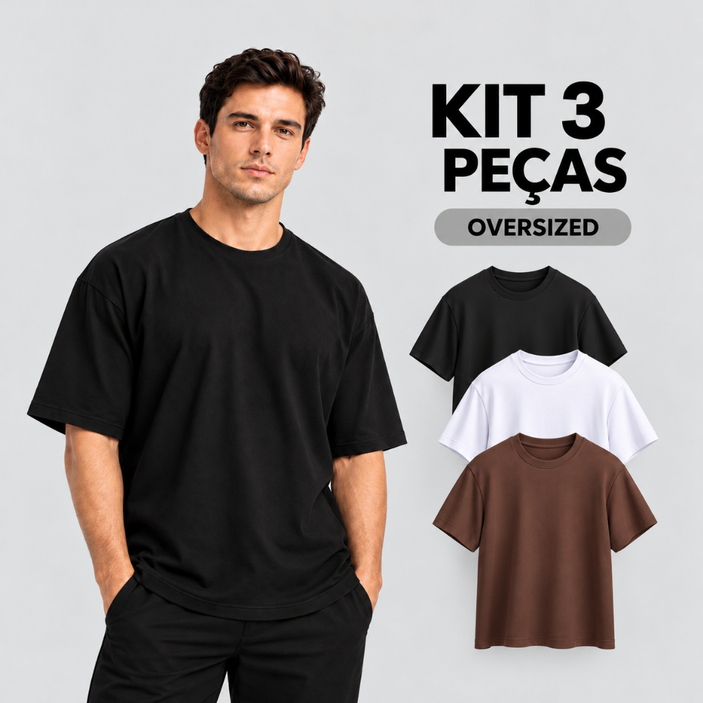 Kit 3 Camiseta Oversized Masculina Lisa 100% Algodão Streetwear Estilo de Rua Camiseta Gola Redonda