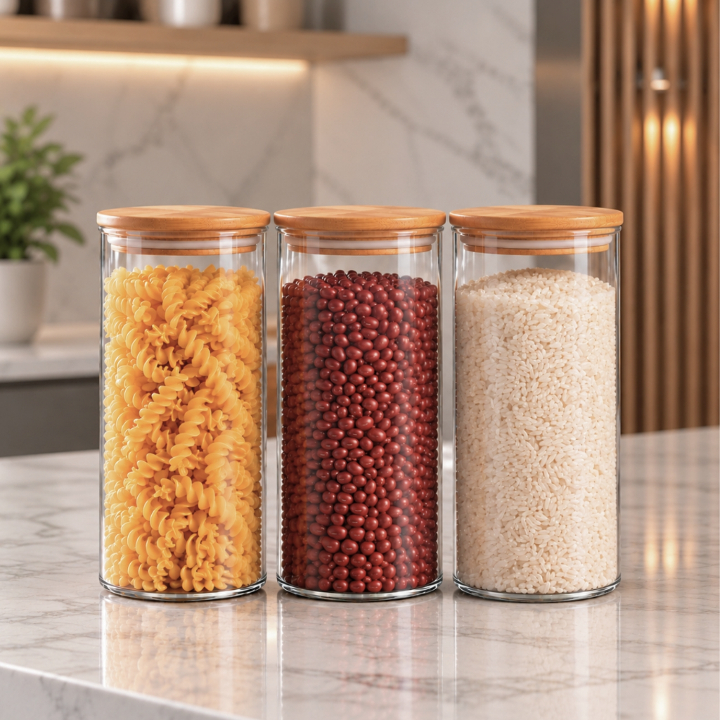 Kit 3 Potes de Vidro 1000ml com Tampa de Bambu 1 Litro Hermético Mantimentos Condimentos Empilhaveis
