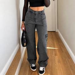 Calça Cargo Jeans Feminina Wid Leg Pantaona Cintura Alta 100% Algodão