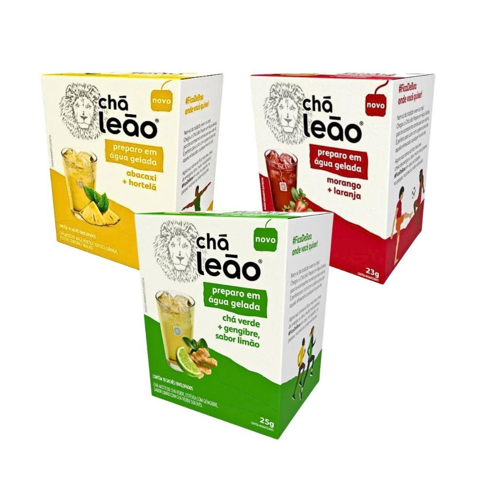 Kit Favoritos Leão Chá Gelado - Morango e Laranja, Verde Gengibre Limão e Abacaxi com Hortelã