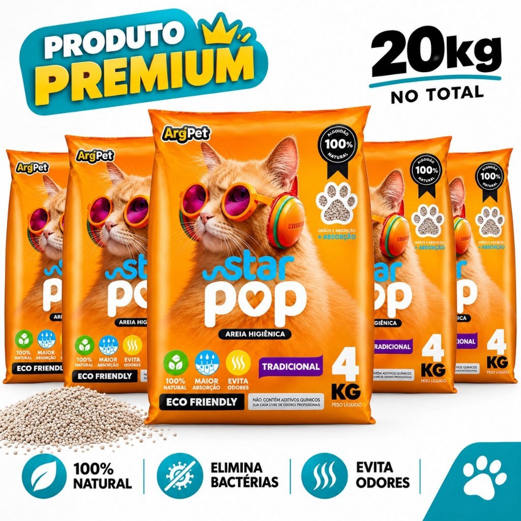 Areia Sanitária Higiênica Gato Star Pop Tradicional Argila Natural Grãos Médios Alta Absorção Controle de Odores 20Kg