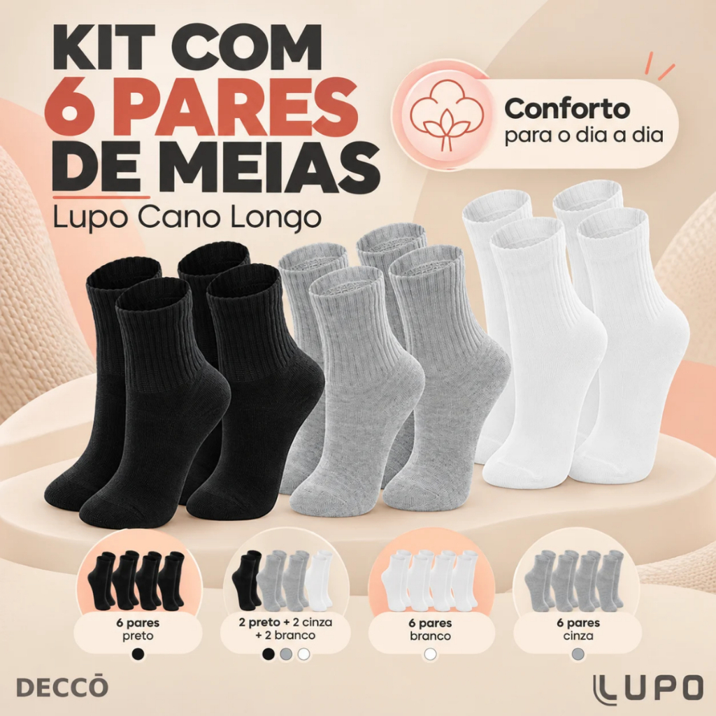 Kit De 6 Pares Meias Lupo Infantil Cano Médio Em Algodão Tamanho 24 ao 35