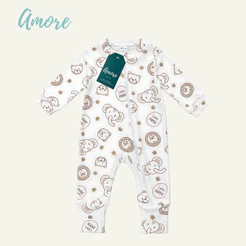 Macacão de Bebê Amore Vira Pé Amiguinhos Com Zíper 100% Algodão