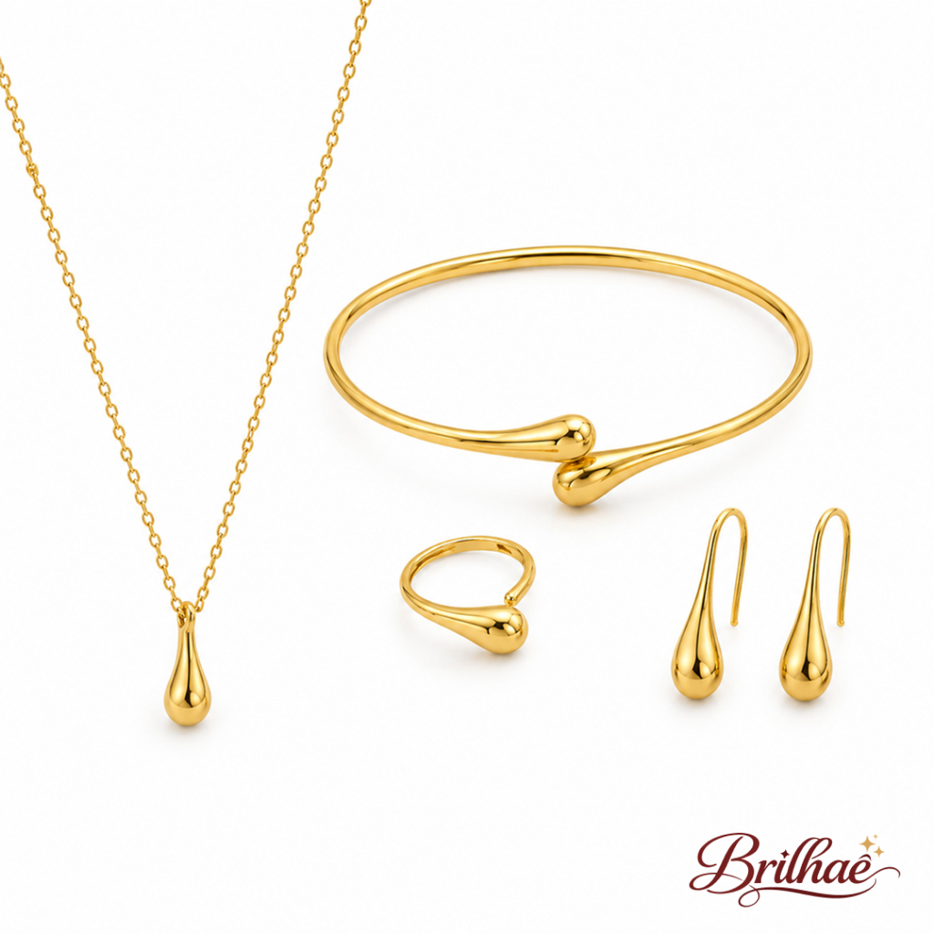 Colar Dourado De Moda + Pulseira + Anel + Brincos