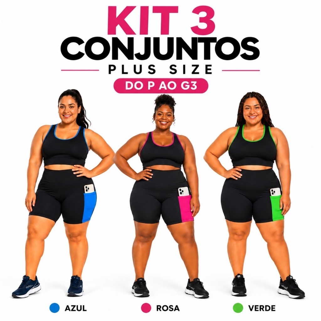 Kit 3 Conjuntos Fitness Plus Size Feminino Roupa de Academia Tamanhos Grandes G1 G2 G3 Top Nadador Short com Bolso