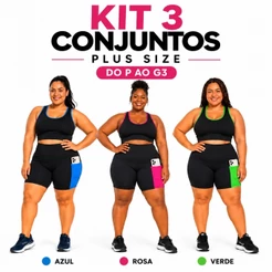 Kit 3 Conjuntos Fitness Plus Size Feminino Roupa de Academia Tamanhos Grandes G1 G2 G3 Top Nadador Short com Bolso