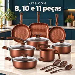 Jogo de Panelas Antiaderente, Kit com 8, 10 ou 11 Peças - Com Tampas de Vidro e Utensílios