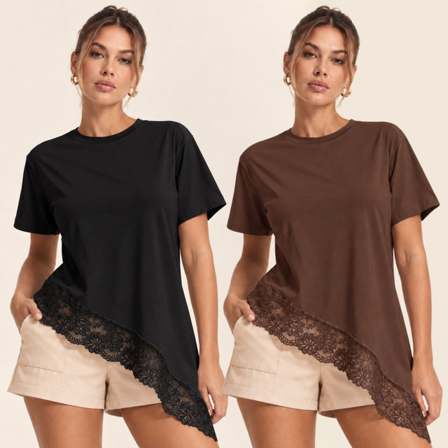 kit 2 T-Shirt Feminina Detalhe Renda Blusa Soltinha Confortável Moda Casual Chic Tendência Assimetrica Over Casual