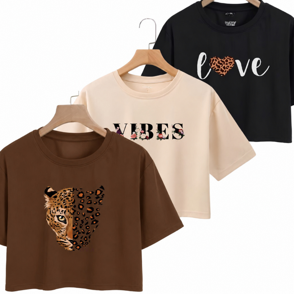 Kit 3 Croppeds Femininos Estampados 100% Algodão Blusa T-Shirt Manga Curta Moda Casual