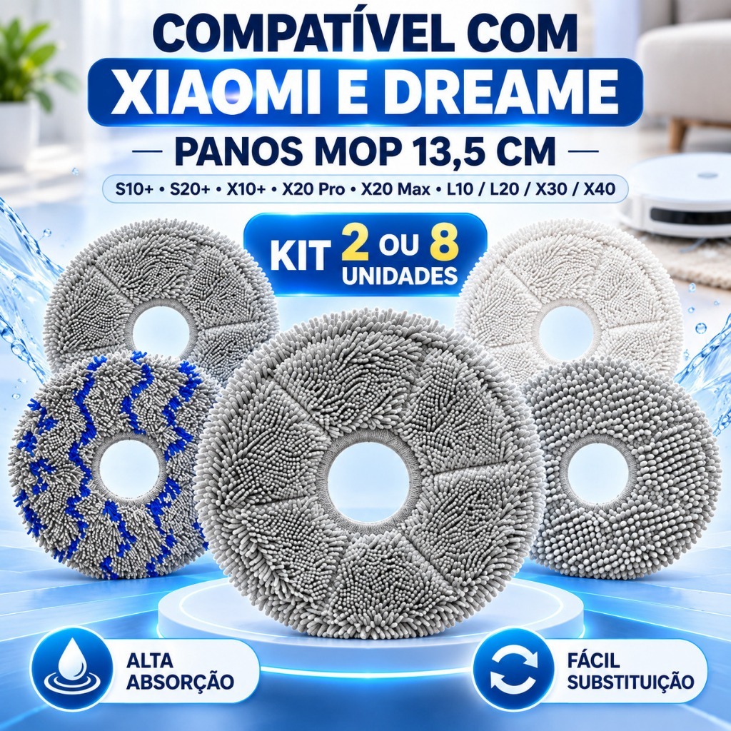 Kit 2 ou 8 Panos Mop de Reposição Compatíveis com Xiaomi S10+ S20+ X10+ X20+ X20 Pro X20 Max e Dreame