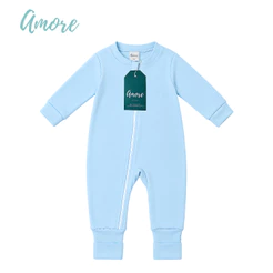 Macacão de Bebê Amore Vira Pé Azul Claro Com Zíper 100% Algodão