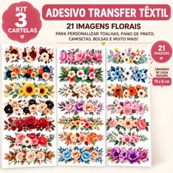 Cartela com 21 Decalques Termocolantes DTF Téxtil Premium Para Artesanato