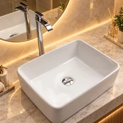 Kit Cuba de Apoio Retangular Louça Banheiro Torneira Alta Cascata