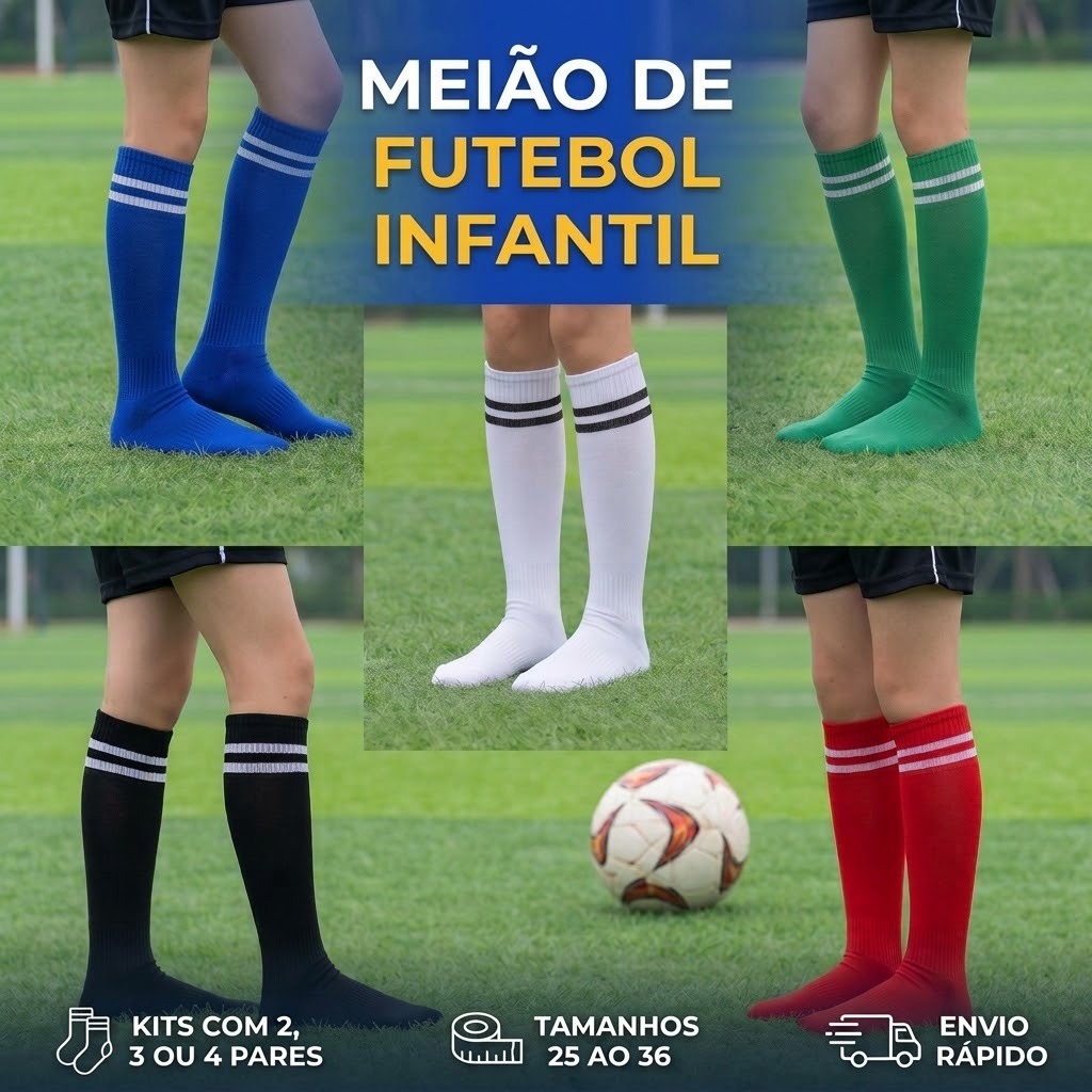 Meião De Futebol Infantil e Juvenil Kit 2 a 4 Pares Calcanhar Verdadeiro Cano Alto Menino Confortável Veste 25 ao 36
