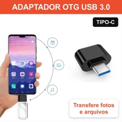 Adaptador OTG Tipo C USB-C para USB 3.0 Fêmea Conversor Pendrive Mouse Teclado Celular Transfere Dados