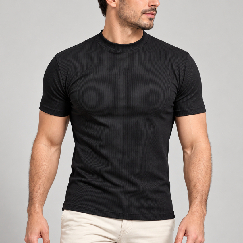 Camiseta Masculina Canelada Slim Estilo Americano Básica Fit Ribana Justo ao Corpo Básica Premium