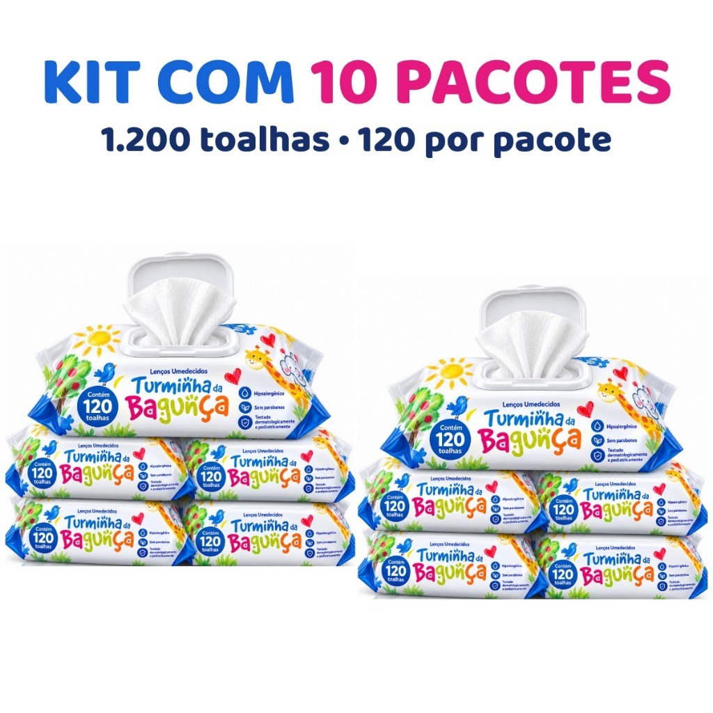Kit 10 Toalhas Umedecidas Turminha da Bagunça 120 Folhas com Tampa Lenço Umedecido