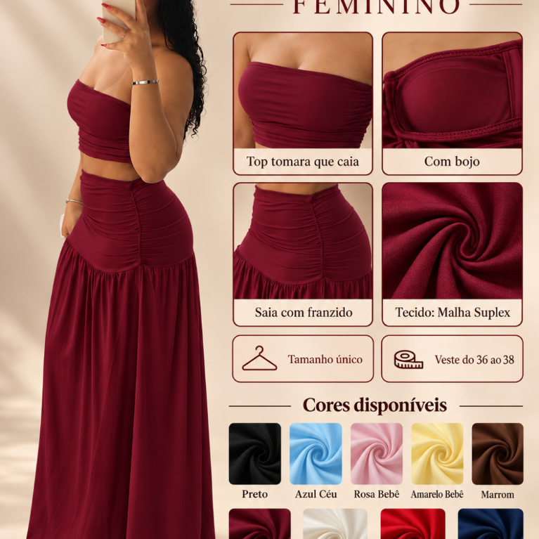 conjunto feminino malha longo comprimento sem forro e sem tule  elegante banados franzido faixa  - TAM. UNI. - 38 ao 42
