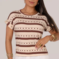 Blusa Feminina Plus Size Viscolycra Manga Dobrada Estampa Coração Listrada Confortável Verão uso Diario Moda Feminina