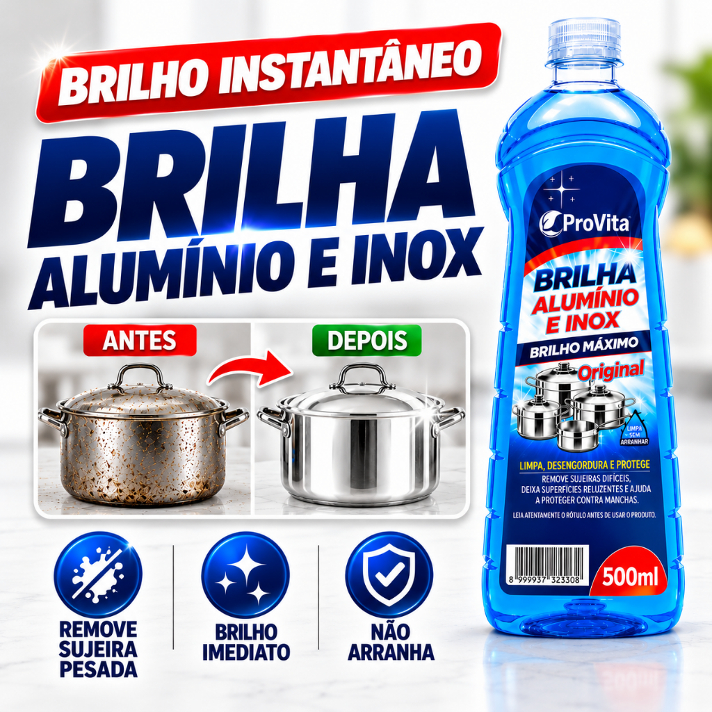 Imagem Limpa Alumínio e Inox ProVita 500 ml Brilha Panelas Fogão Formas Assadeiras Remove Manchas e Gordura
