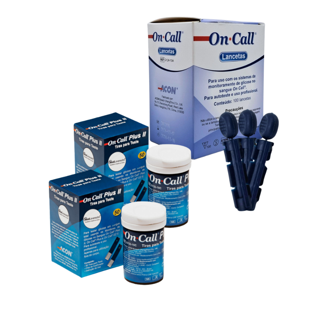 Kit 100 Lancetas 26G On Call + 100 Tiras On Call Plus II Monitor Glicemia