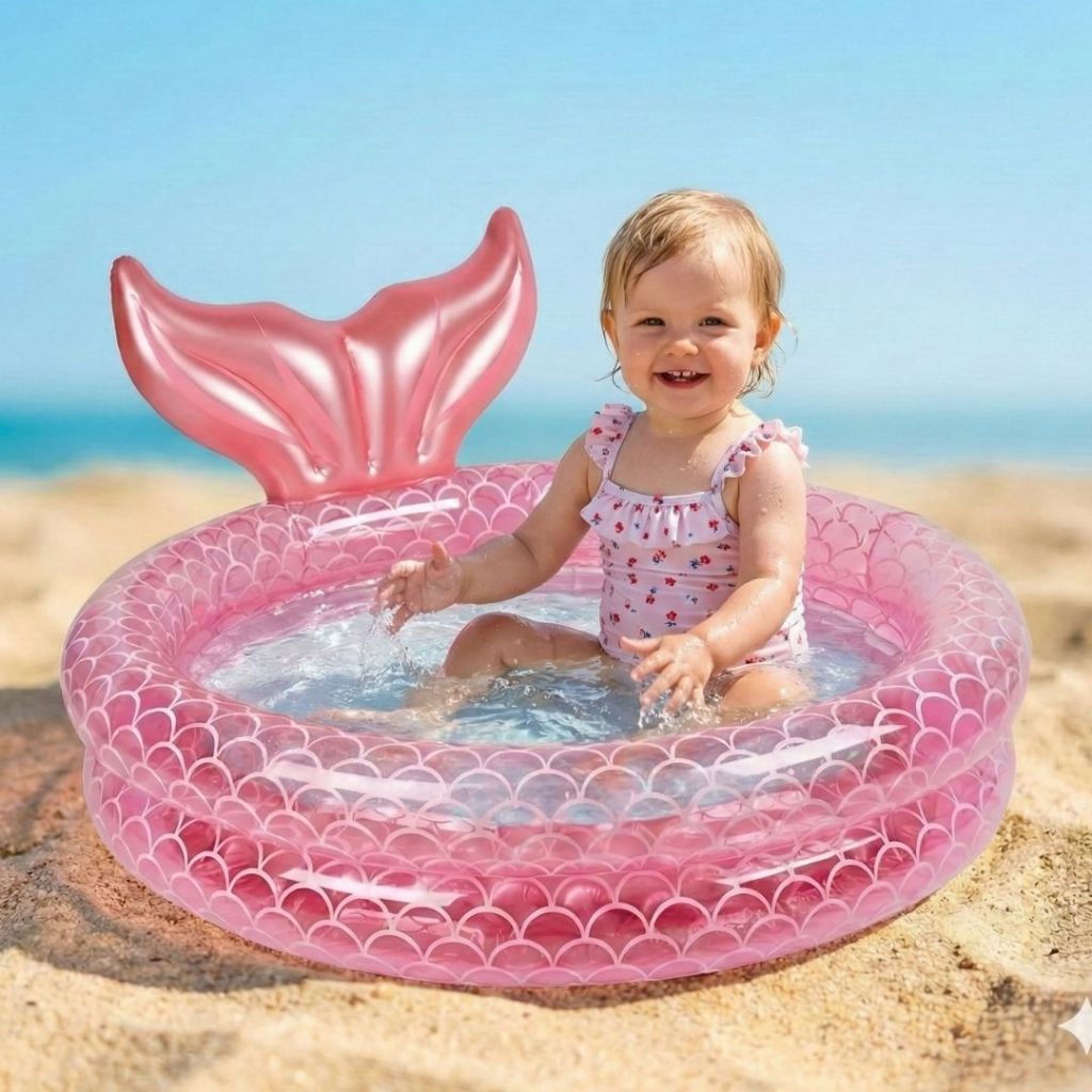 Piscina Inflável Infantil 90cm e 120cm Rosa Sereia – Piscina de Bebê Redonda Resistente para Quintal Praia Verão