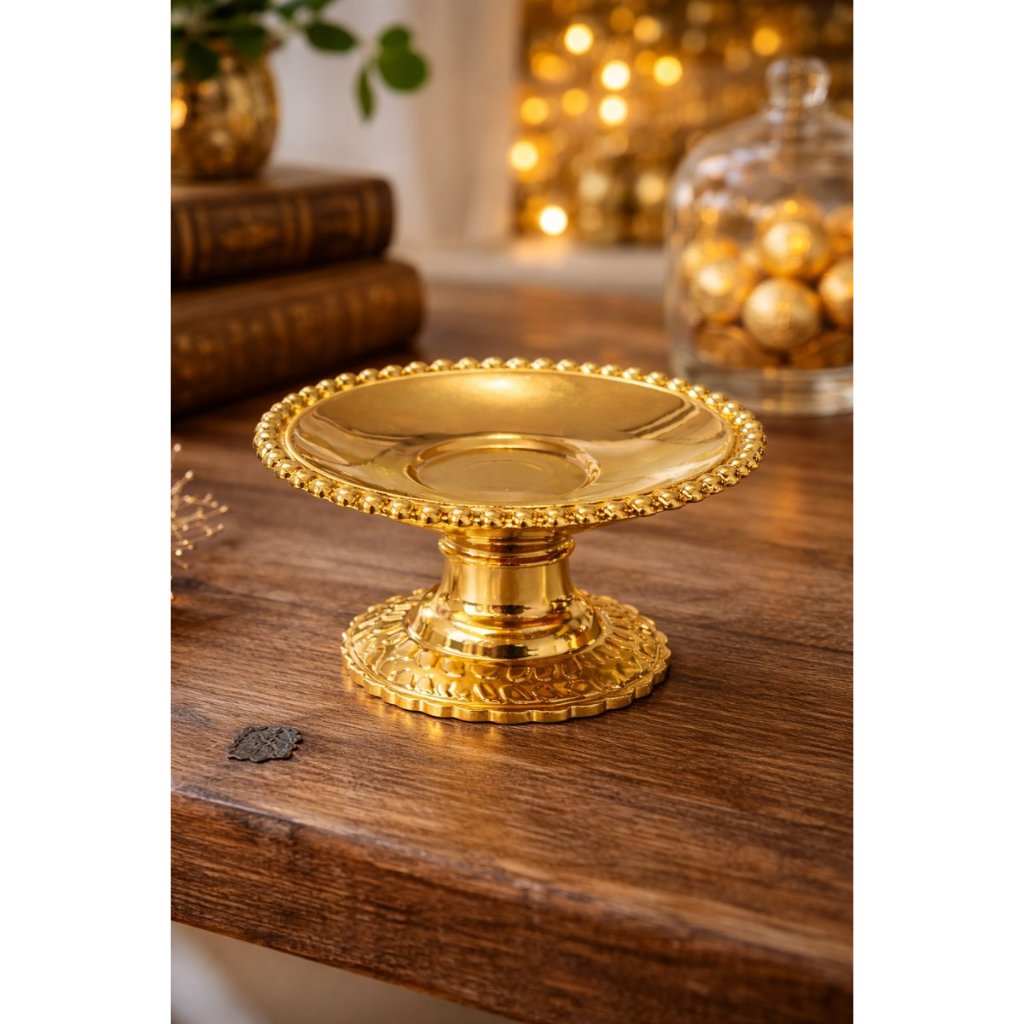 Mini Bandeja Dourada Decorativa 12cm com Pedestal Luxo para Doces e Lembrancinhas