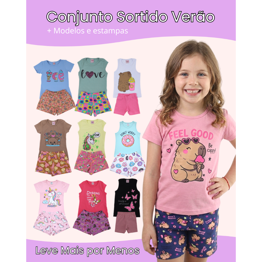 Kit Roupa Infantil Menina Verão Sortido | 4 ou 6 Peças (2 ou 3 Conjuntos) Algodão Manga Curta Regata