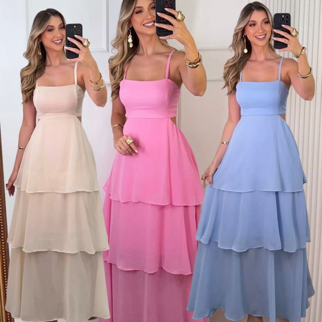 VESTIDO LONGO EMENINA EM CAMADAS ALCINHA 3 MARIAS