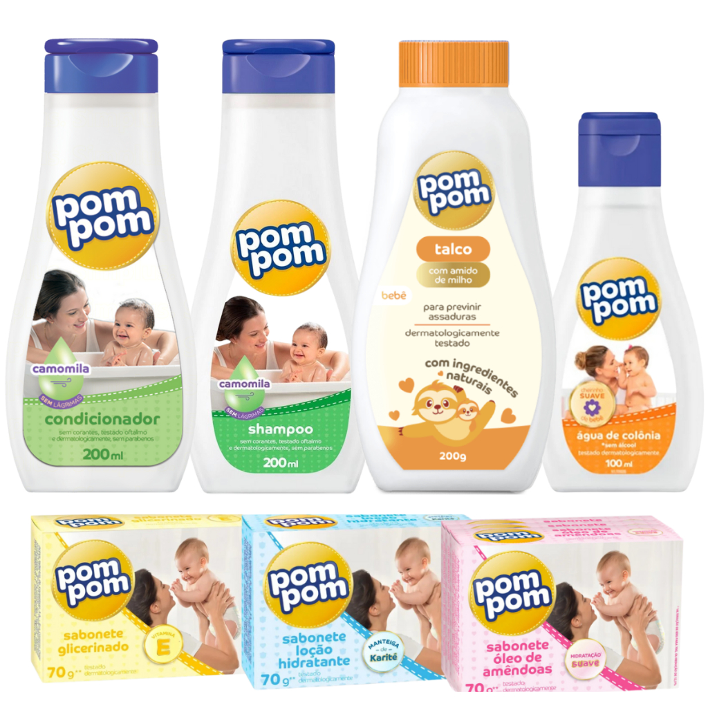 Kit Higiene Completo Pom Pom Camomila Shampoo/Condicionador/Talco/Água de Colônia/Sabonetes