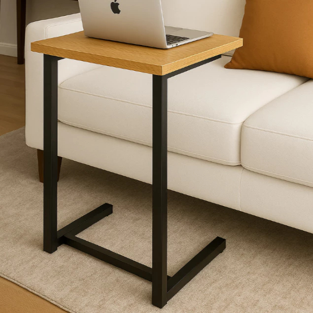 Mesa Lateral Industrial para Sofá Cama Notebook Tampo Amadeirado com Base em Aço Preta Moderna Compacta Portátil