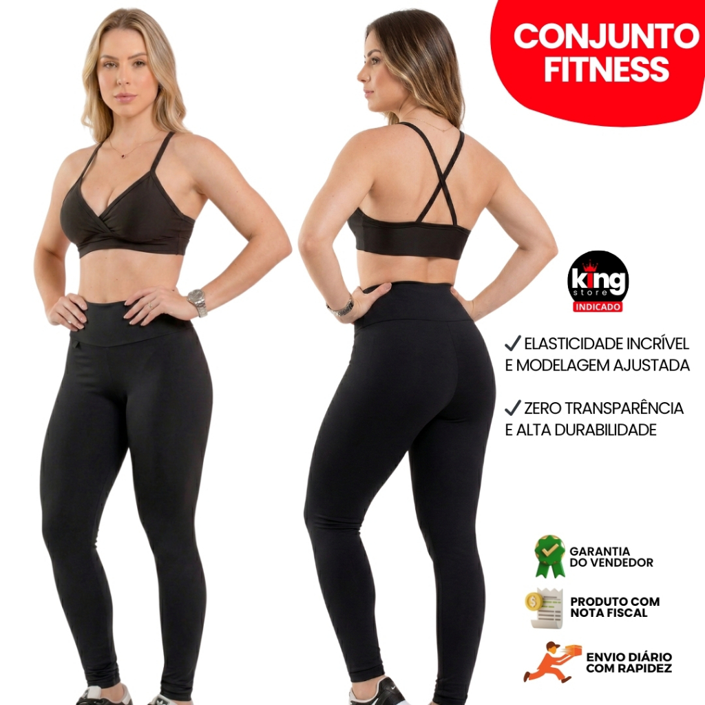 Conjunto Top e Calça Preto Fitness Zero Transparência Feminino Premium Roupa Academia Legging CrossFit Moda