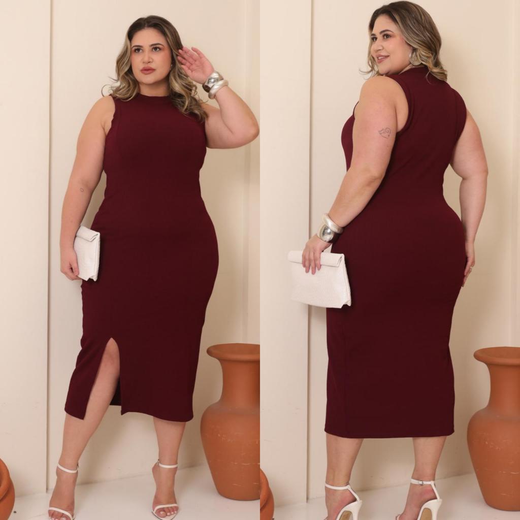 Vestido Mídi Feminino Plus Size Regata Canelado Com Fenda  GG G1 G2