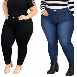 2 Calça Jeans Feminina Plus Size Skinny Cintura Alta Com Elastano cós alto confortável em Oferta na Shopee