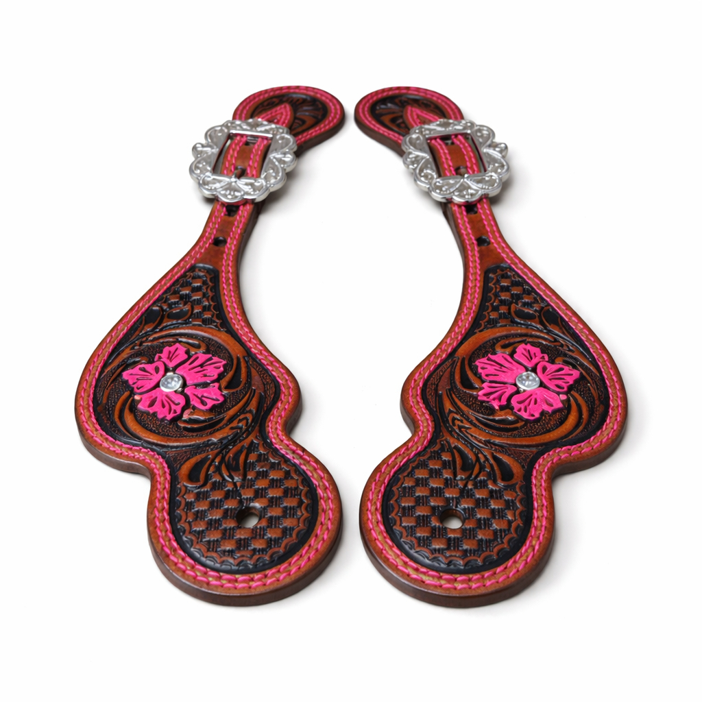 Correia de Espora em Couro Bordada Floral Rosa Fluorescente – Estilo Country Premium