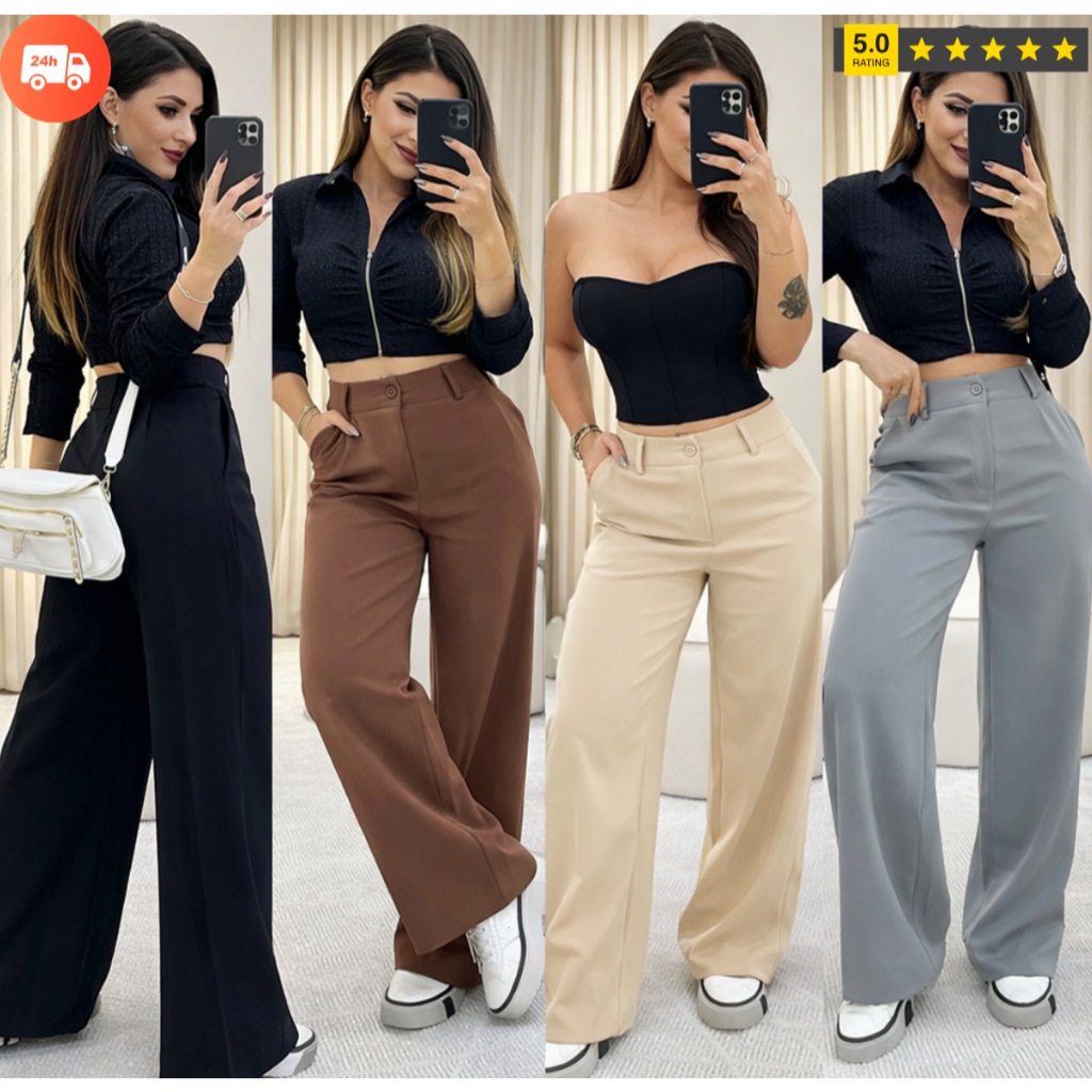 Calça Pantalona Alfaiataria Cintura Alta Com Bolso Premium PROMOÇÃO