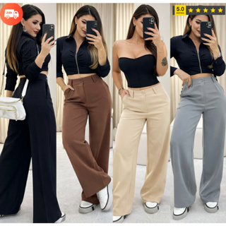 Calça Pantalona Alfaiataria Cintura Alta Com Bolso Premium PROMOÇÃO em Oferta na Shopee