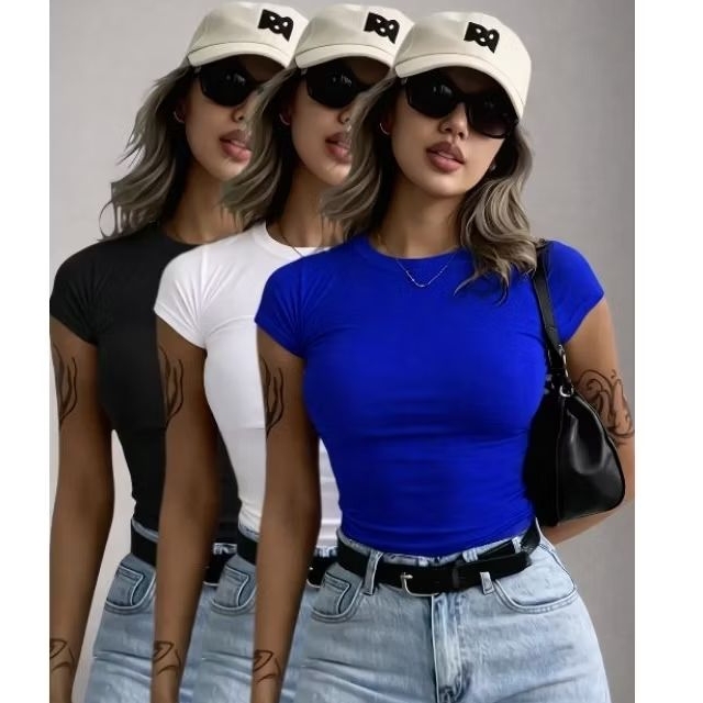 KIT 3 Blusa Feminina Manga Curta Baby tee em Oferta na Shopee