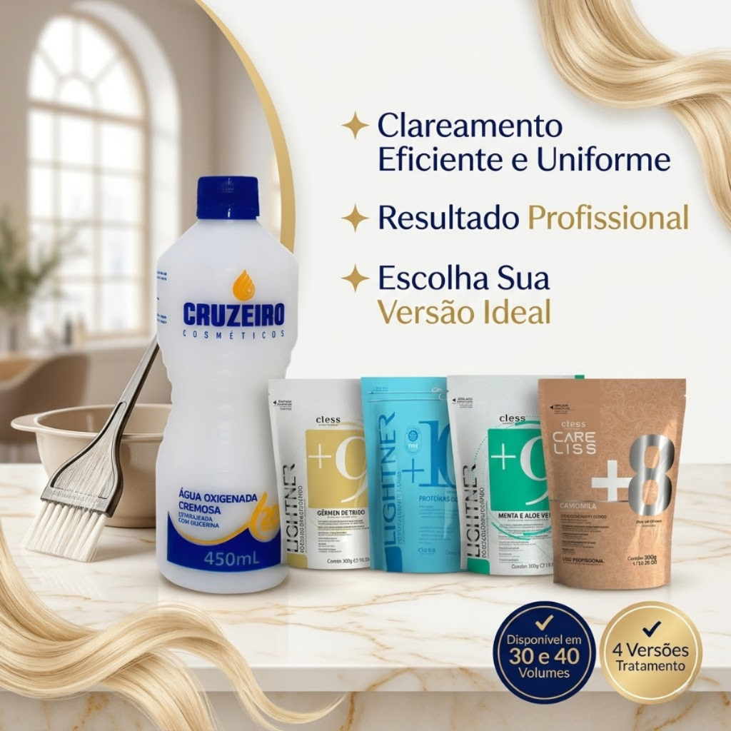 Oxigenada Cruzeiro 450ml e Pó Descolorante Profissional 300g Cless Ultrarrápido